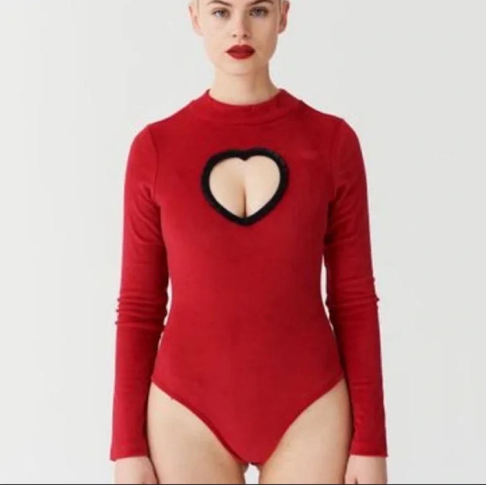 Lazy Oaf Sz 8 Red Velour bodysuit Heart Cutout long sleeve